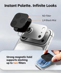 Magnetic Lens Filter Kit For iPhone 17 Pro Max With Base Mount Black Mist Diffusion Quarter Filter And ND2 ND4 ND8 ND16 ND32 Filters 6 Pack Orange Square Design Magnetic Quick Swap For Mobile Filmmaking And Social Content shown with iPhone mount and filters.