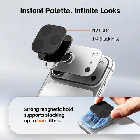 Magnetic Lens Filter Kit For iPhone 17 Pro Max With Base Mount Black Mist Diffusion Quarter Filter And ND2 ND4 ND8 ND16 ND32 Filters 6 Pack Orange Square Design Magnetic Quick Swap For Mobile Filmmaking And Social Content shown with iPhone mount and filters.