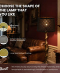 Metal fixing bracket lampshade with inner gold surface and carved arrow design in cozy living room.