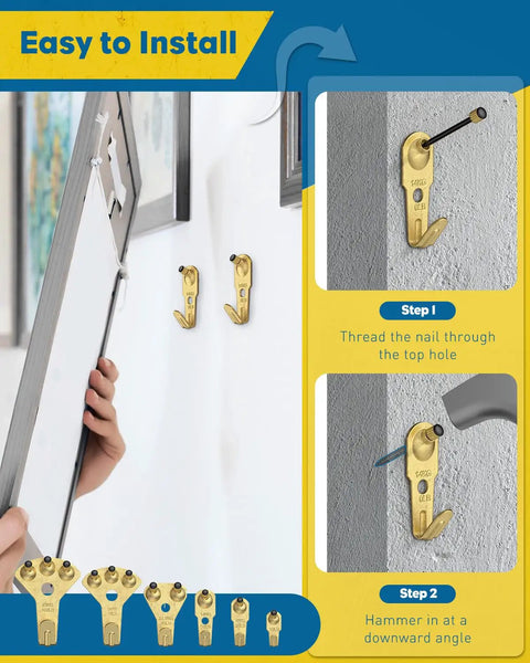 Heavy Duty Picture Hanging Hooks Set Gold Wall Mount Hardware Kit Thick Iron Build Supports Heavy Frames Mirrors Shelves Usa Built Rigged To Last No Sweat Install Killer Strength Holding Power