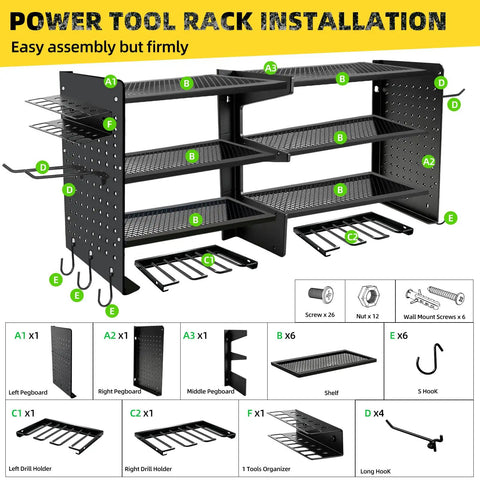 Heavy Duty Tool Wall Mount Organizer Four Tier Steel Rack With Drill Tools Holder And Hooks 400 Lbs Capacity assembled view
