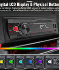 Single Din Car Stereo Bluetooth 5.0 Multimedia Receiver with LCD Display and Backlit Color Options shown in dashboard installation