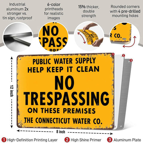 No Trespassing Public Water Supply Vintage Metal Wall Art Sign Weatherproof Aluminum For Outdoor Use Rust Resistant Patio Fence Porch Garden Decor For Outdoor Living Spaces, 8x12 inch yellow sign