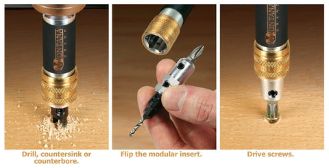 Absolute Game Changer 25 Pc Woodworker Drill Bit Set Featuring Self Centering Plug Cutters And Nailed It Precision X29 Brad Points With A Sweet 1/4 Inch Hex Shank And Handy Built In Driver demonstrating drilling, flipping modular insert, and driving screws.