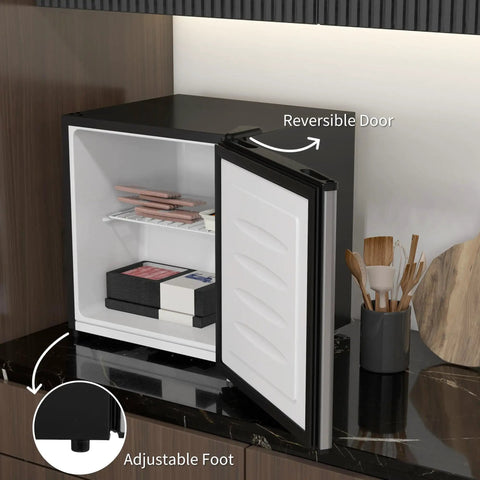 Sick Silver Mini Freezer With 1.1 Cu Ft Storage Capacity Featuring Reversible Door, adjustable foot, open with food inside.