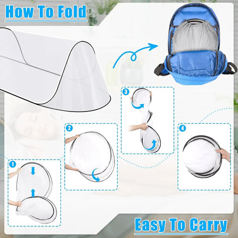2 Pack Pop Up Mosquito Net Tent For Bed Sleep showing folding steps, fits into backpack, lightweight travel use illustration