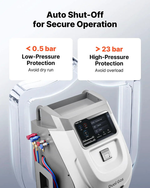 Shop Grade No Fuss Fully Automatic Refrigerant Recovery Machine For R134a And 1234yf Auto AC Service With Smart Touchscreen showing pressure protection features.