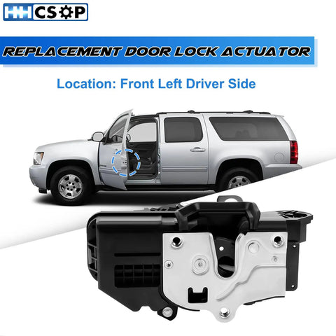 Front Left Driver Side Door Lock Actuator Motor For Chevy GMC SUVs And Trucks 2007 2008 2009 2010 2011 2012 2013 2014 Suburban Tahoe Silverado Avalanche Yukon XL Sierra Replacement, black metal housing