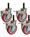 Heavy Duty Threaded Stem Casters With M20 Locking Swivel Wheels For Trolleys And Workshop Gear Smooth Silent Roll Pack Of Four PU units with red wheels.