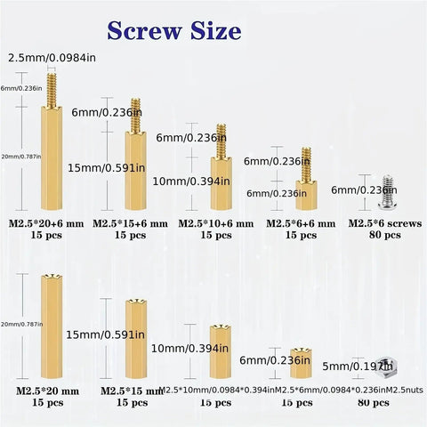 Premium M2.5 Brass Standoff Kit With 280 Pieces Of Male And Female Spacers, Stainless Steel Screws And Nuts For Electronics, Robotics, And DIY Projects. M2.5 brass standoffs and screws size chart.