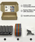 Arduino Uno R3 Compatible Terminal Block Shield Kit with push in spring connectors, rainbow ribbon cable, standoffs and screws.