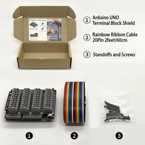 Arduino Uno R3 Compatible Terminal Block Shield Kit with push in spring connectors, rainbow ribbon cable, standoffs and screws.
