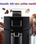 Fully Automatic Espresso Coffee Machine With Built In Grinder And Brewer Dual Bean Or Powder Mode For Lattes And Cappuccinos Auto Clean System Sleek Black Build That Straight Up Hits The Spot For Your Daily Grind. Front view with conical burr grinder and milk frother.