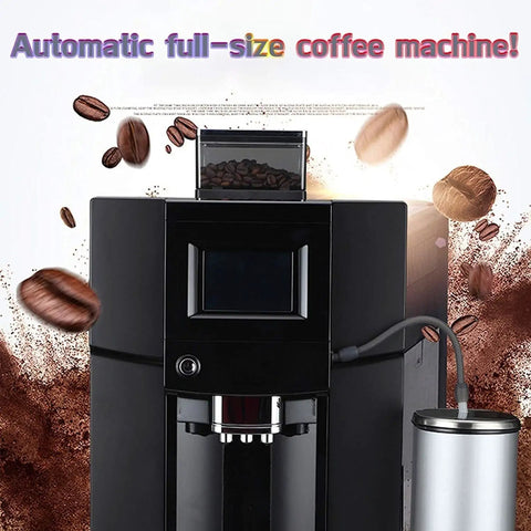 Fully Automatic Espresso Coffee Machine With Built In Grinder And Brewer Dual Bean Or Powder Mode For Lattes And Cappuccinos Auto Clean System Sleek Black Build That Straight Up Hits The Spot For Your Daily Grind. Front view with conical burr grinder and milk frother.