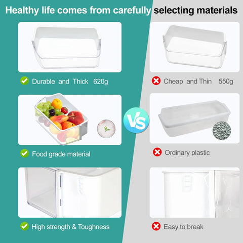 Comparison of durable 620g left door refrigerator shelf replacement with typical lower quality option.