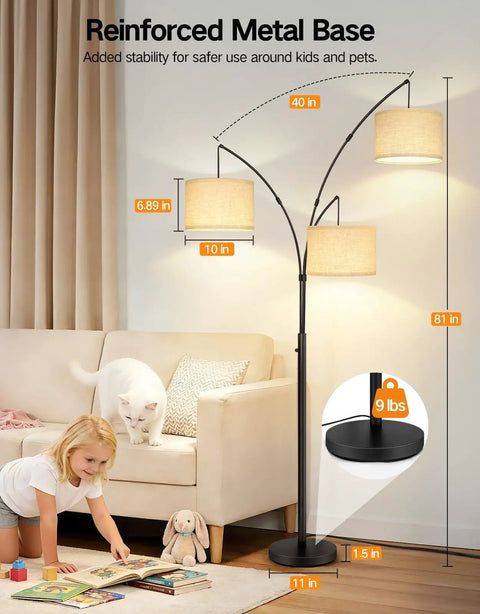 Arched LED Floor Lamp With Three Lights, 81 Inch Tall Modern Mid Century Style Standing Corner Lamp in living room with beige lampshade