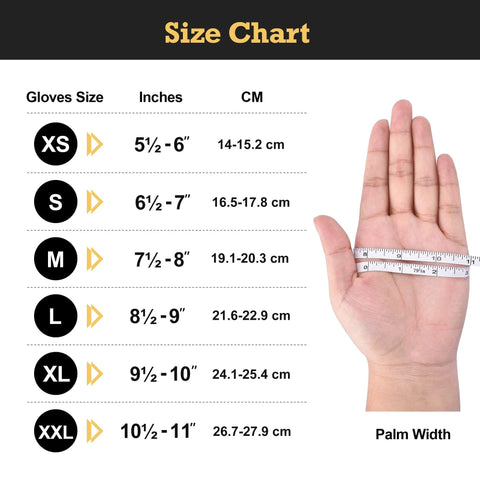 Glove size chart showing XS–XXL with inch and cm ranges; right hand holding a measuring tape.