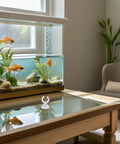 Ditch The Hassle And Get These 50pcs White Aquarium Air Hose Clamps With Rock Solid Suction Cups on a table near a fish tank.