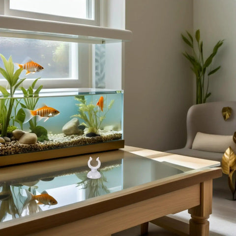 Ditch The Hassle And Get These 50pcs White Aquarium Air Hose Clamps With Rock Solid Suction Cups on a table near a fish tank.