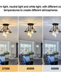 Industrial Semi Flush Mount Ceiling Light Fixture Three Light Dope Matte Black And Gold Chandelier E26 Farmhouse Ceiling Lamp For Entryways Hallways Bedrooms And More in three color temperatures: 2700K, 4000K, 5000K in a dining room.