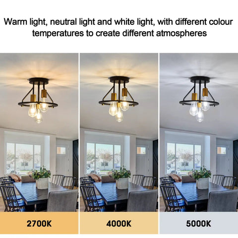 Industrial Semi Flush Mount Ceiling Light Fixture Three Light Dope Matte Black And Gold Chandelier E26 Farmhouse Ceiling Lamp For Entryways Hallways Bedrooms And More in three color temperatures: 2700K, 4000K, 5000K in a dining room.