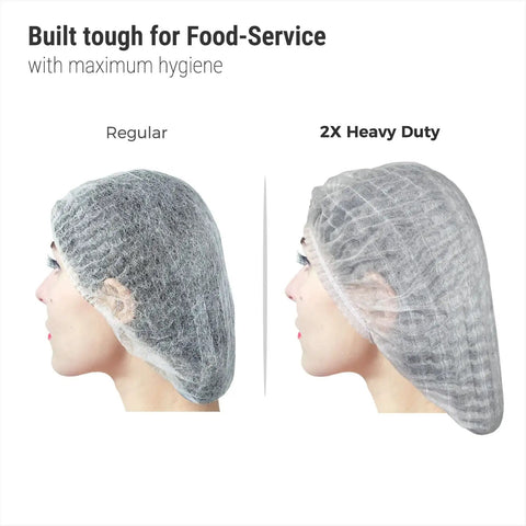 Side-by-side comparison of a regular and a 2X heavy duty white hair net for food service workers, highlighting durability in use.