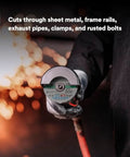 General Purpose Cut Off Wheel 3 In 1/16 In By 3/8 In Resin Bonded in use cutting metal, sparks flying, auto body work scene.