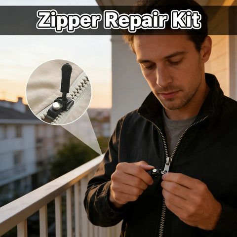 Man using Zipper Repair Kit 15-Piece Set With Three Sizes Detachable Pulls Quick Install No Sewing Needed For Jackets Luggage Bags Universal Zip Heads Replacement on jacket zipper