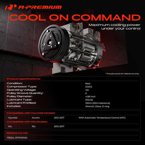Top Shelf AC Compressor Assembly With Integrated Clutch Precharged PAG46 Lubricant Delivers Plug And Play Cabin Cooling Relief For Hyundai Accent And Kia Rio Rides Featuring Tough Six Groove Pulley with detailed product specifications.