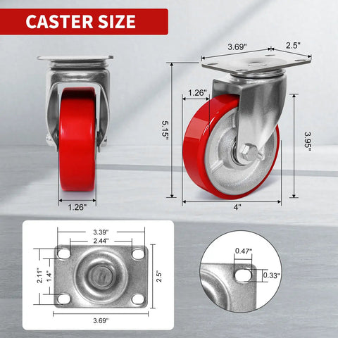 Caster size dimensions for Heavy Duty Casters Set Of 4 Featuring Rock Solid 4 Inch Polyurethane On Steel Wheels Built Tough For 2000 Lb Loads Dual Swivel And Locking Brakes Easy On Garage Carts And Furniture Moving Jobs.