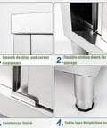 Built Tough Heavy Duty Prep Workbench With Sliding Doors Rust Resistant Stainless Steel Kitchen Table close-up of smooth surface and sliding door features.