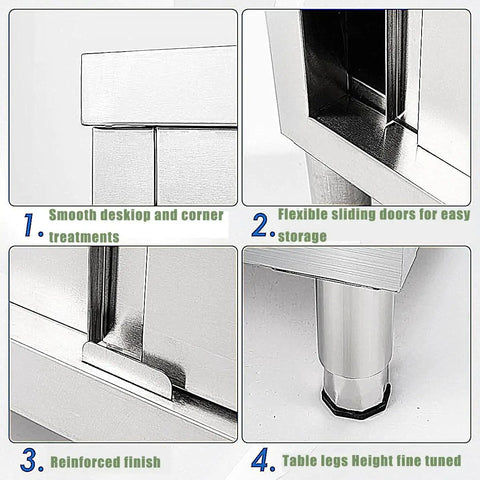 Built Tough Heavy Duty Prep Workbench With Sliding Doors Rust Resistant Stainless Steel Kitchen Table close-up of smooth surface and sliding door features.
