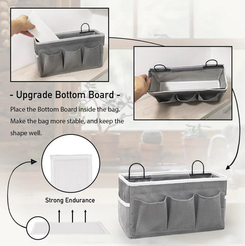 Two Pack Large Wall Hanging Organizer With Three Pockets Linen Fabric Door Hanging Storage Baskets Waterproof for Kitchen Bedroom Office And RV Camper Gray, showing installation of the bottom board for stability.