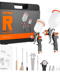 Kickass Hvlp Spray Paint Gun Set With Die Cast Aluminum Body Stainless Tip And Integrated Regulator Built Different Pro Airbrush Rig For Garage Detailing Crisp Coating, showcasing two spray guns with accessories in a carrying case.
