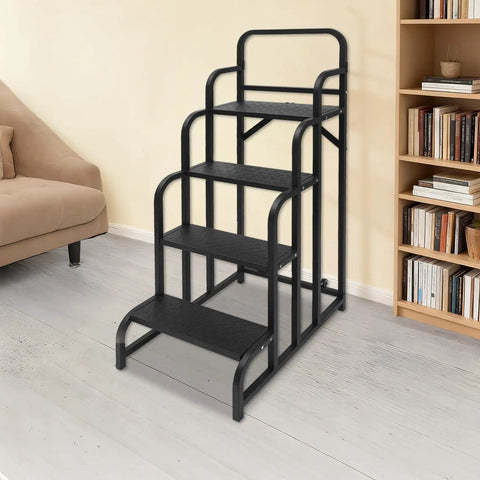 Score This Rock Solid 4 Step Black Rolling Warehouse Ladder With Non Slip Tread Pedals Rugged Carbon Steel Handrails And Smooth Glide Wheels For Effortless Supermarket Restocking Or Library Organizing Tasks