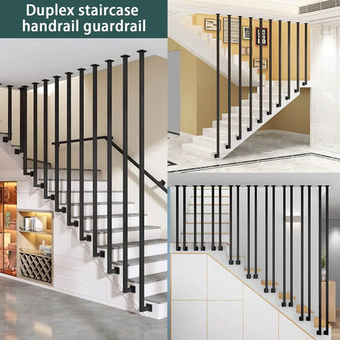 Interior Wrought Iron Stair Handrails With Rust Resistant Nano Coating And Secure Safety Grab Bars For Modern Duplex Homes Solid Square Pipe Balusters in various staircase angles.