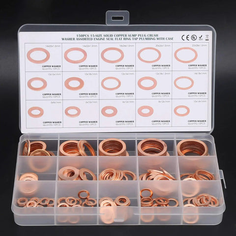 Solid 150 Pack Red Copper Gasket Washers M5 To M22 Perfect For Car Sealing Jobs Oil Water Fuel Hydraulic Connections That Keep You From Leaking Or Stressing No More Drips Just Quality Seals That Last! copper washer set in case, assorted sizes