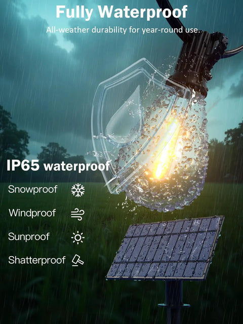 50Ft Solar String Lights Outdoor Dimmable Patio Lights With Remote USB Port 18 Plus 1 LED Bulbs in rain with solar panel