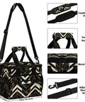 Insulated Picnic Backpack with Large Capacity 12x8x10 Inches, geometric pattern, shown with shoulder strap, handle, and zipper.