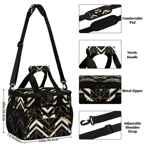 Insulated Picnic Backpack with Large Capacity 12x8x10 Inches, geometric pattern, shown with shoulder strap, handle, and zipper.