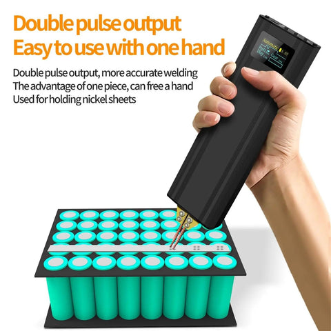 Hand using 80 Gear Handheld Spot Welder With Adjustable Power And Digital Display For Nickel Plates And Strips on battery pack