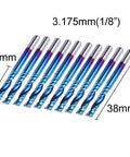CNC router end mill set, flat-nose, blue-coated, 1/8 in shank, 1-flute, 10 pcs