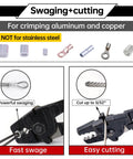 14 Inch Hand Held Wire Rope Crimping Tool Swager For Aluminum And Copper Sleeves Ferrules Built Tough One Sixteenth To One Eighth Inch Cable Railing End Fittings With Cutter CT03 displaying swaging and cutting capabilities