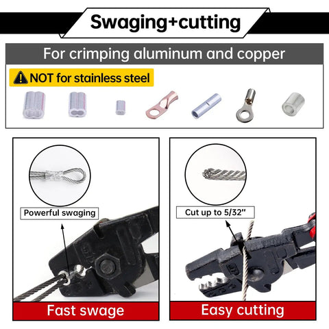 14 Inch Hand Held Wire Rope Crimping Tool Swager For Aluminum And Copper Sleeves Ferrules Built Tough One Sixteenth To One Eighth Inch Cable Railing End Fittings With Cutter CT03 displaying swaging and cutting capabilities