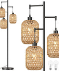 Boho Rattan Tree Floor Lamp With Three Edison Bulbs, Industrial Black Standing Farmhouse Style, Woven Bamboo Lampshade, close-up view