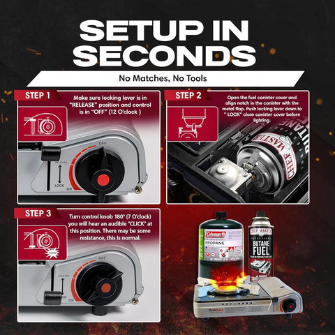Instruction setup for dual fuel camp stove with 12,000 BTU, showing safety and ignition steps for butane and propane use.