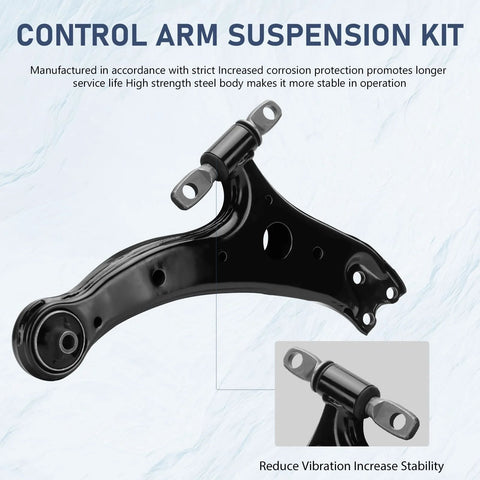 Front view of a black lower control arm with ball joint for Toyota Camry suspension kit
