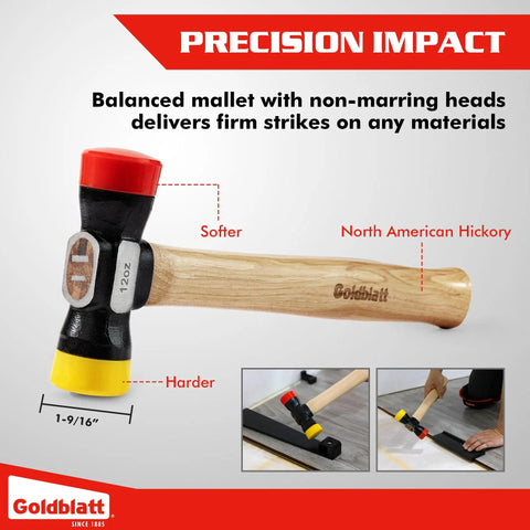 All In One Laminate Flooring Tools Kit with heavy duty mallet, North American hickory handle, and dual-sided rubber head.