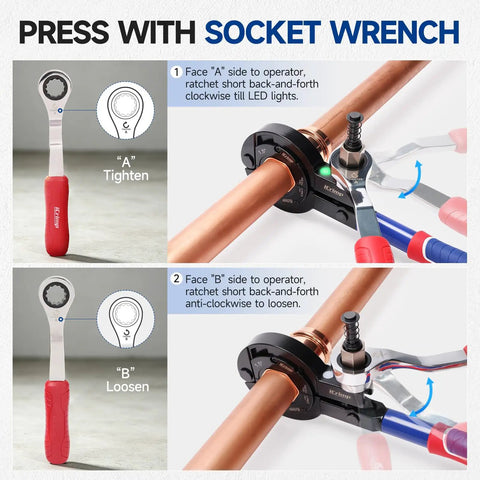 Pressing copper pipe with heavy duty copper pipe press tool for 1 inch 1 25 and 1 5 fittings using socket wrench.
