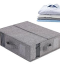 Heavy Duty Linen Bed Sheet Storage Organizer For Closet With Folded Blanket Pockets And Oversized Comforter Rack To Keep Your Sheets Slick And Ditch The Daily Rummaging in gray with clear panels.
